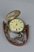 A LATE VICTORIAN SMALL HALF HUNTER SILVER POCKET WATCH, engine turned case with outer black enamel