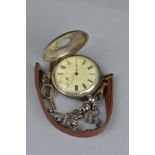 A LATE VICTORIAN SMALL HALF HUNTER SILVER POCKET WATCH, engine turned case with outer black enamel