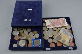 A MDM BOX CONTAINING AMOUNTS OF BRITISH COINAGE, some silver, to include a 1937 Crown two ten