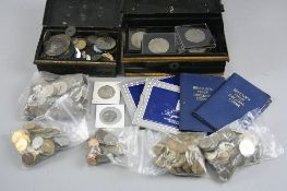 A TIN OF WORLD COINS AND COMMEMORATIVES, to include Elizabeth I sixpence 1562, etc