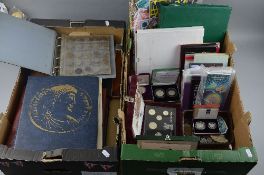 TWO BOXES OF COINS AND COMMEMORATIVE ALBUMS AND UNITED KINGDOM PROOF SET, a 1987 boxed proof Eagle