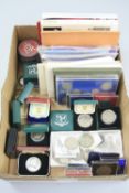 A BOX OF YEAR COIN SETS, Isle of Man commemoratives and other Man coins, to include 3 x carded