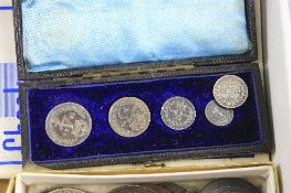 TWO BOXES OF COINS, etc, to include two cases containing Maundy money, lots of British and World