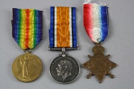 A 1914 (AUG-NOV) STAR, no bar, British War and Victory medal trio, correctly named to PTE 3325 J.