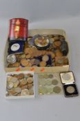 A BOX OF MIXED COINS AND COMMEMORATIVES, with an amount of silver three pence coins and others, etc