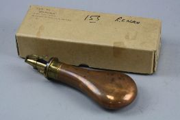 A REPRODUCTION COPPER/BRASS POWDER FLASK, by W. Marsh, Sheffield, boxed, good condition