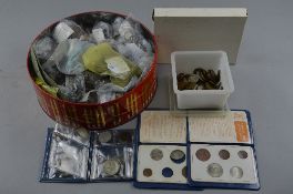A BOX AND TIN CONTAINING MAINLY 20TH CENTURY BRITISH COINS, to include silver Victorian Crown
