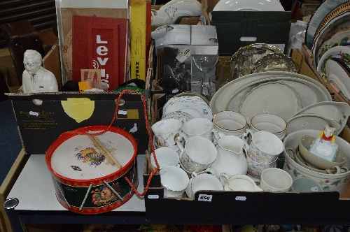 THREE BOXES OF CERAMICS, GLASSWARE AND COLLECTABLES, including Royal Albert Beatrix Potter mugs,