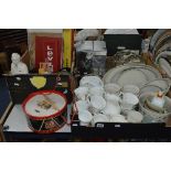 THREE BOXES OF CERAMICS, GLASSWARE AND COLLECTABLES, including Royal Albert Beatrix Potter mugs,