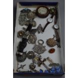 A TRAY OF MIXED COSTUME JEWELLERY, including silver, watches and a hardstone cross, etc