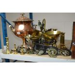 VARIOUS COPPER AND BRASSWARES, to include copper Samovar, W&T Avery scales, candlesticks etc