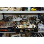 FIVE BOXES AND LOOSE CERAMICS, GLASS, STONEWARE, ETC