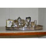 THREE PIECE COFFEE SET, tray and battery carriage clock