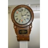 A WALNUT AND INLAID AMERICAN WALL CLOCK, 12' dial with Roman numerals (pendulum)