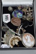 A TRAY OF SILVER BROOCHES, etc