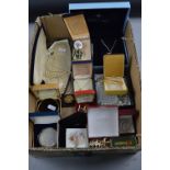 A BOX OF MIXED COSTUME JEWELLERY, necklaces, simulated pearls, bangles, brooches etc