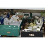 THREE BOXES AND LOOSE ASSORTED TEA SETS, GLASSWARE, ETC, including boxed Silver Jubilee coach, etc