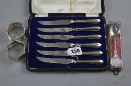 A CASED SET OF SILVER TEA KNIVES, two silver napkin rings and spoon