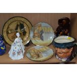 SIX PIECES OF CERAMICS, to include treacle glazed snuff taking toby jug with lid, Royal Doulton