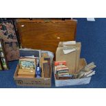 TWO BOXES AND LOOSE SUNDRY ITEMS, to include Dominoe board, dominoes, playing cards, meccano