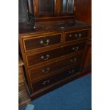 AN EDWARDIAN MAHOGANY AND INLAID CHEST, of two short and three long drawers with brass handles,