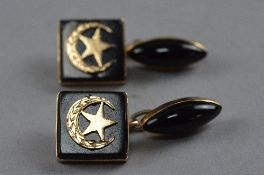 AN 18CT GOLD BLACK ONYX CRESCENT CUFFLINKS (boxed)