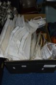 A BOX OF VARIOUS LINEN/LACE, SEWING, KNITTING RELATED ITEMS ETC