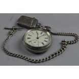 A SILVER POCKET WATCH, T bar chain and vesta