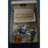 A MIXED LOT OF JEWELLERY, including pens, silver etc