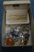 A MIXED LOT OF JEWELLERY, including pens, silver etc