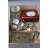A MIXED LOT OF SILVER AND SILVER PLATE, etc, together with two pocket watches, chain, inkwell,