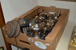 A BOX OF MISCELLANEOUS PLATEDWARE, and carriage lamp
