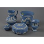 FIVE PIECES OF WEDGWOOD BLUE JASPERWARES, to include jug, height approx 13cm, small jardinere,