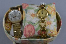 A MID 20TH CENTURY GOLD PLATED LONGINES WATCH, together with a ladies Laura Ashley watch (2)