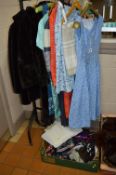 VARIOUS DRESSES, SKIRTS, etc, to include three synthetic fur coats, various scarves, shoes, etc