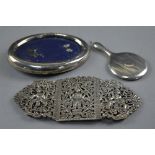 A MIXED LOT, to include Indian silver buckle, silver frame, miniature silver hand mirror