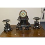 A 19TH CENTURY FRENCH VINCENTI & CIE BLACK SLATE AND MARBLE CLOCK GARNITURE, with gilt metal and