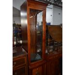 A MAHOGANY CORNER DISPLAY CASE, a yew wood sideboard with three various drawers and two hanging