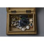 A SMALL BOX OF MIXED COSTUME JEWELLERY, etc