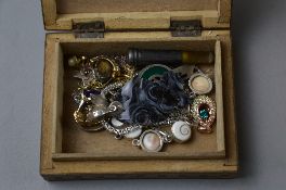 A SMALL BOX OF MIXED COSTUME JEWELLERY, etc