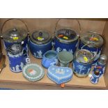 WEDGWOOD AND OTHER JASPERWARES, to include biscuit barrels, water jug, sifter, trinkets etc (13)