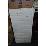 A WHITE PAINTED SLIM CHEST, of eight drawers, a bookcase and two Victorian chairs (4)