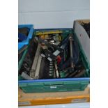 A TRAY OF CLAMPS, a dovetail jig, stapler etc