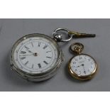 A SILVER POCKET WATCH (key), together with a ladies gold plated fob watch (cased)