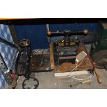 A CAST IRON PRINTERS GUILLOTINE, a wooden gullotine and a cast iron paper press (3)