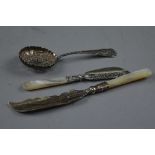 TWO SILVER KNIVES, silver sifter spoon (3)