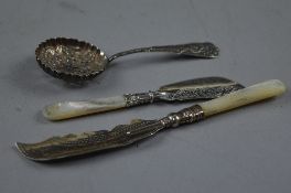 TWO SILVER KNIVES, silver sifter spoon (3)