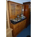 A PINE KITCHEN DRESSER, with three drawers, approximate size width 135cm x height 189cm x depth