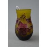 A SMALL GALLE STYLE GLASS VASE, marked 'Tip'