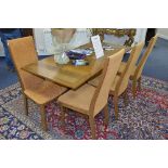 AN ERCOL ASH DRAW LEAF DINING TABLE, on stretchered legs, approximate extended size width 175.6cm